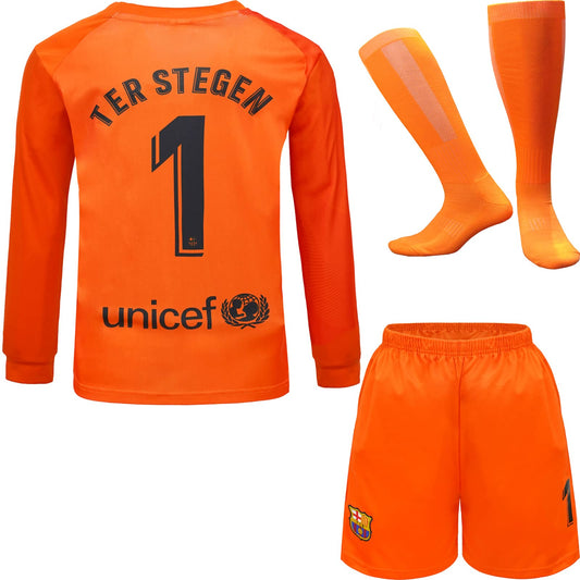 NIHMEX Barcelona TER Stegen Kids Goalkeeper Jersey Soccer #1, New Season, Shorts Socks Goalkeeper Kit (Orange (Long Sleeve), 26)