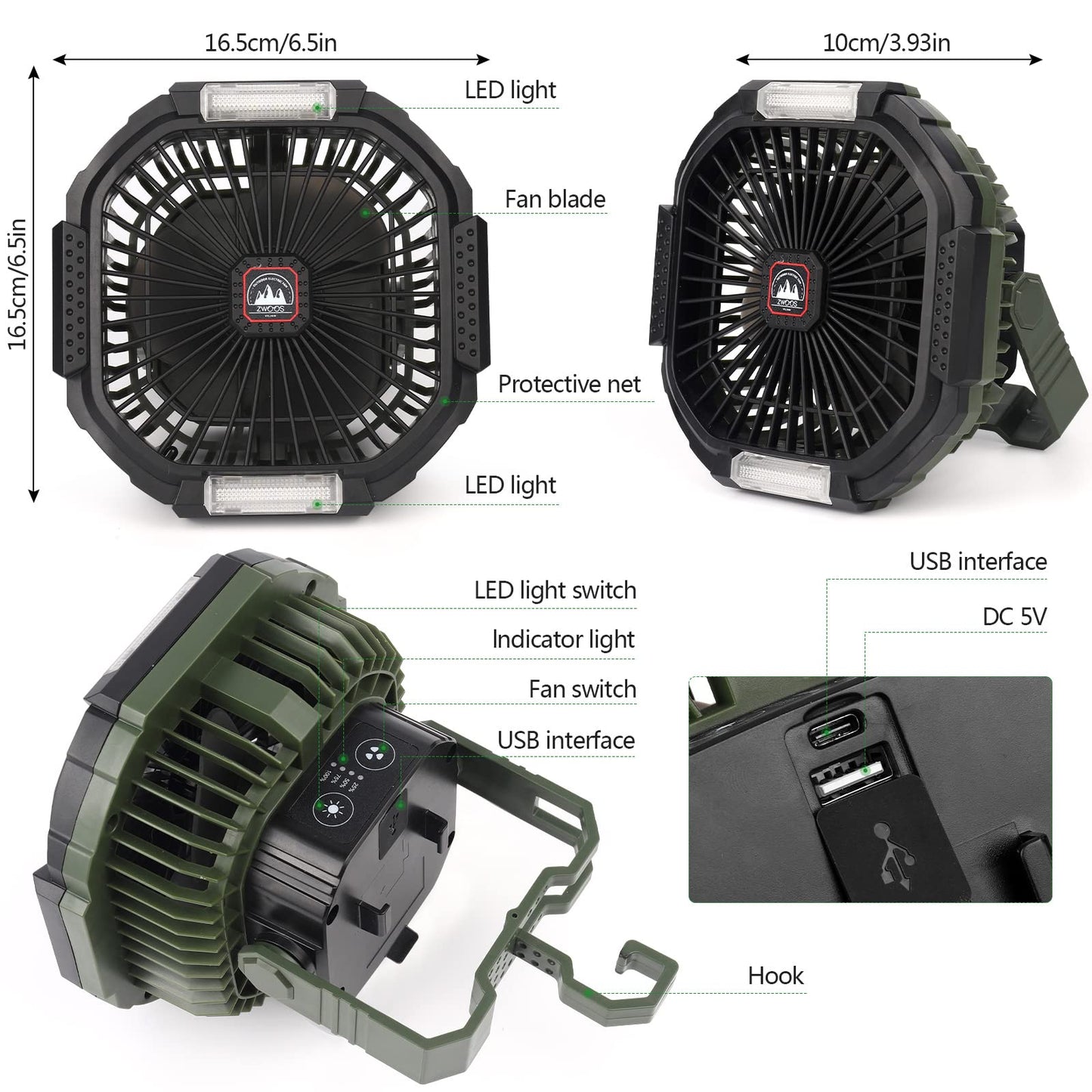 ZWOOS USB Camping Fan, 10400mAh Rechargeable Table Wall/Quiet Fan with 4 Speed Levels Adjustable Table Fan with LED Light for Outdoor Picnics, Fishing