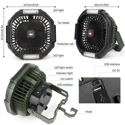 ZWOOS USB Camping Fan, 10400mAh Rechargeable Table Wall/Quiet Fan with 4 Speed Levels Adjustable Table Fan with LED Light for Outdoor Picnics, Fishing