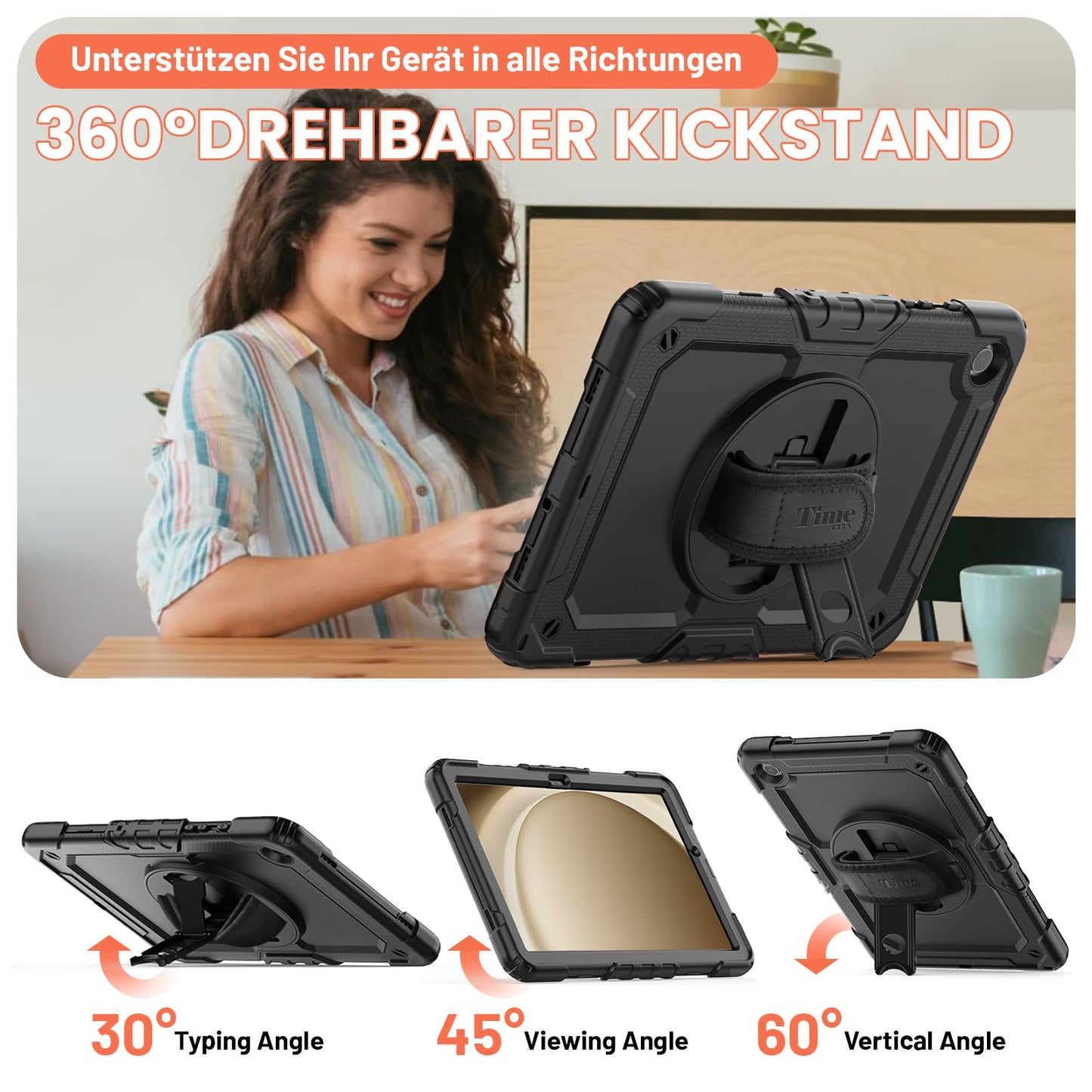 timecity case for Samsung Galaxy Tab A9+ / A9 Plus 11 inch 2023, Shockproof Robust Galaxy Tab A9 Plus case with screen protector, 360° Rotatable Stand, Hand Strap, Shoulder Strap, Pencil Holder, Black