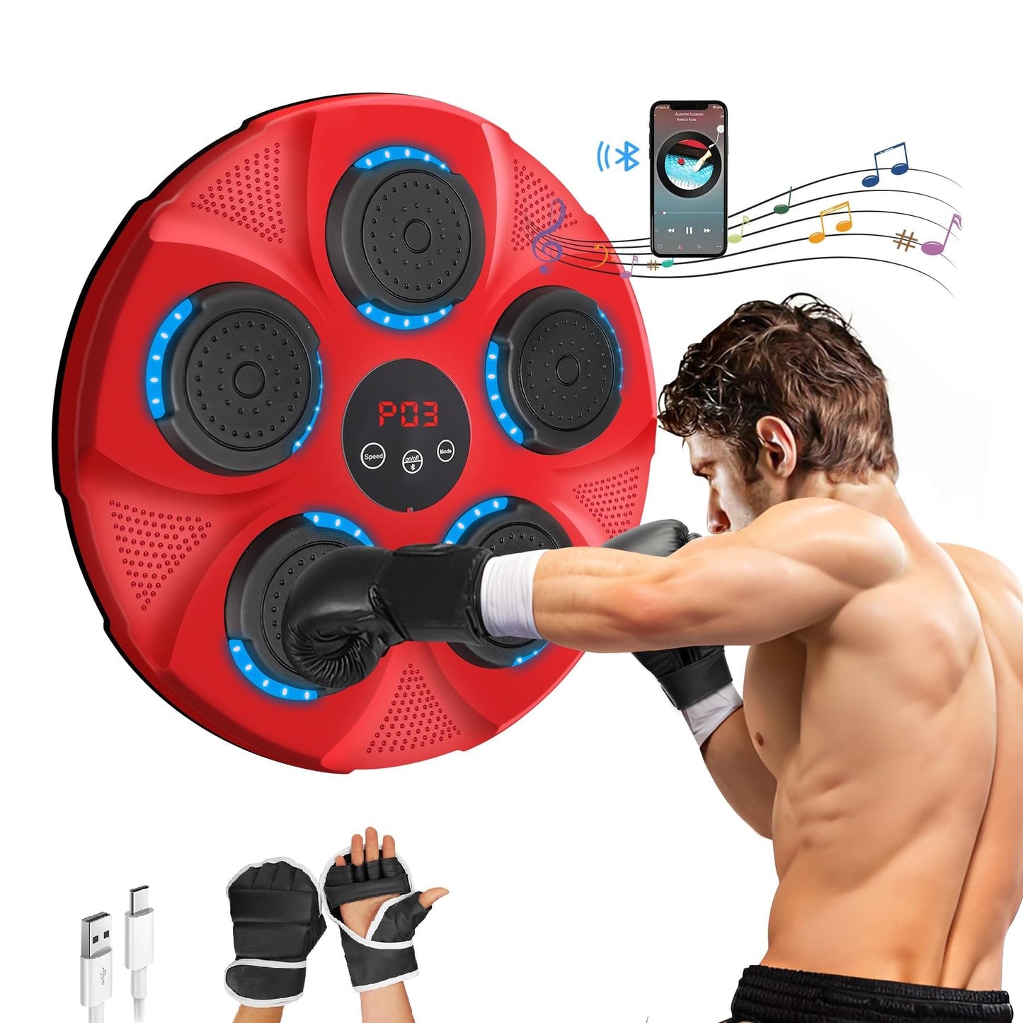 INMORVEN Music Box Machine, Punching Bag Kids Wall Mount for Boxing Equipment 15.7 Inches, Smart Electronic for Home, Focus Agility Training for Kids and Adults (Red)
