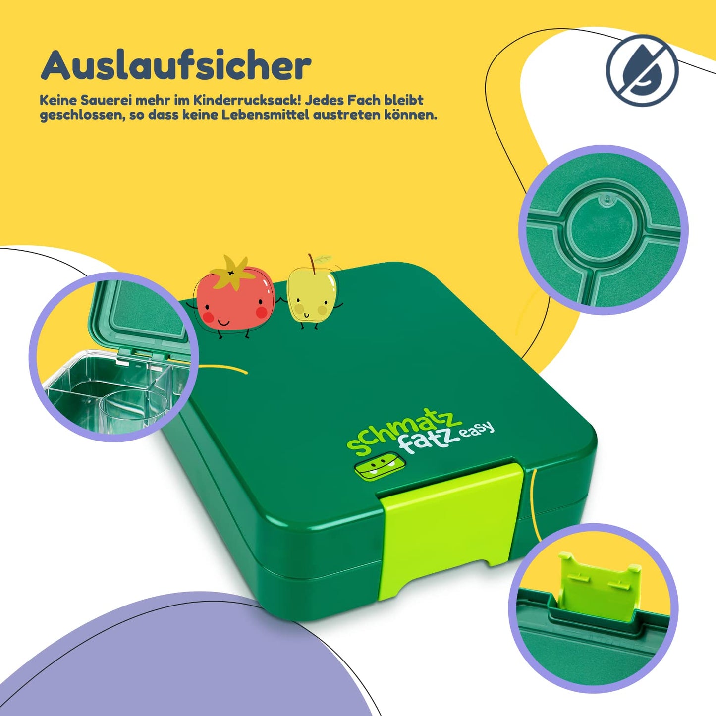 smackfatz Easy Bento Lunchbox for Kids, BPA-free, lunchbox with 4 compartments, easy to open and clean, great for school, sports, and kindergarten (Green)