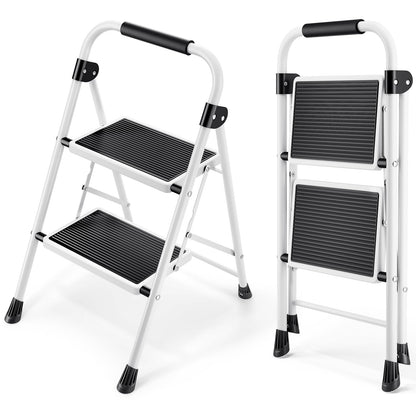 KINGRACK 2-Step Ladder, Step Ladder with Handrails, Folding Step Stool, Folding Step Stool for Adults with Handle, Household Ladder Anti-Slip Stable and Wide Pedal, White