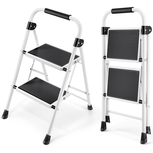 KINGRACK 2-Step Ladder, Step Ladder with Handrails, Folding Step Stool, Folding Step Stool for Adults with Handle, Household Ladder Anti-Slip Stable and Wide Pedal, White