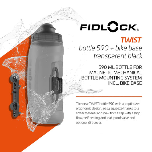 Fidlock TWIST bottle 590 + bike base - 590 ml bike water bottle with magnetic-mechanical bottle holder system, incl. holder, BPA-free & dishwasher safe, color Smoke