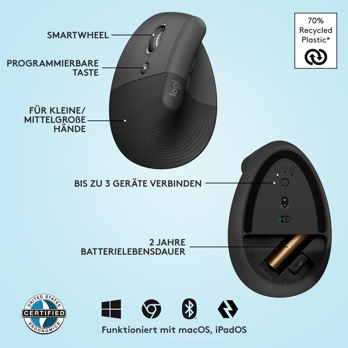 Logitech Lift Left Vertical Ergonomic Mouse, Left-handed, Wireless, Bluetooth or Logi Bolt USB Receiver, Silent Clicks, 4 Buttons, Compatible with Windows/macOS/iPadOS, Laptop, PC - Graphite