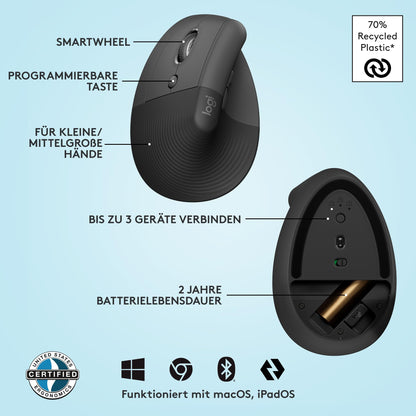 Logitech Lift Left Vertical Ergonomic Mouse, Left-handed, Wireless, Bluetooth or Logi Bolt USB Receiver, Silent Clicks, 4 Buttons, Compatible with Windows/macOS/iPadOS, Laptop, PC - Graphite