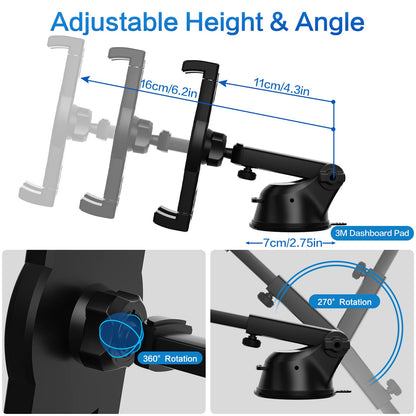 Oilcan car mount 3 in 1 tablet holder suction cup, car vent dashboard windshield tablet holder for iPad mini Air Pro, iPhone, Samsung Galaxy, Fire, 4-12.9" phones and tablets.
