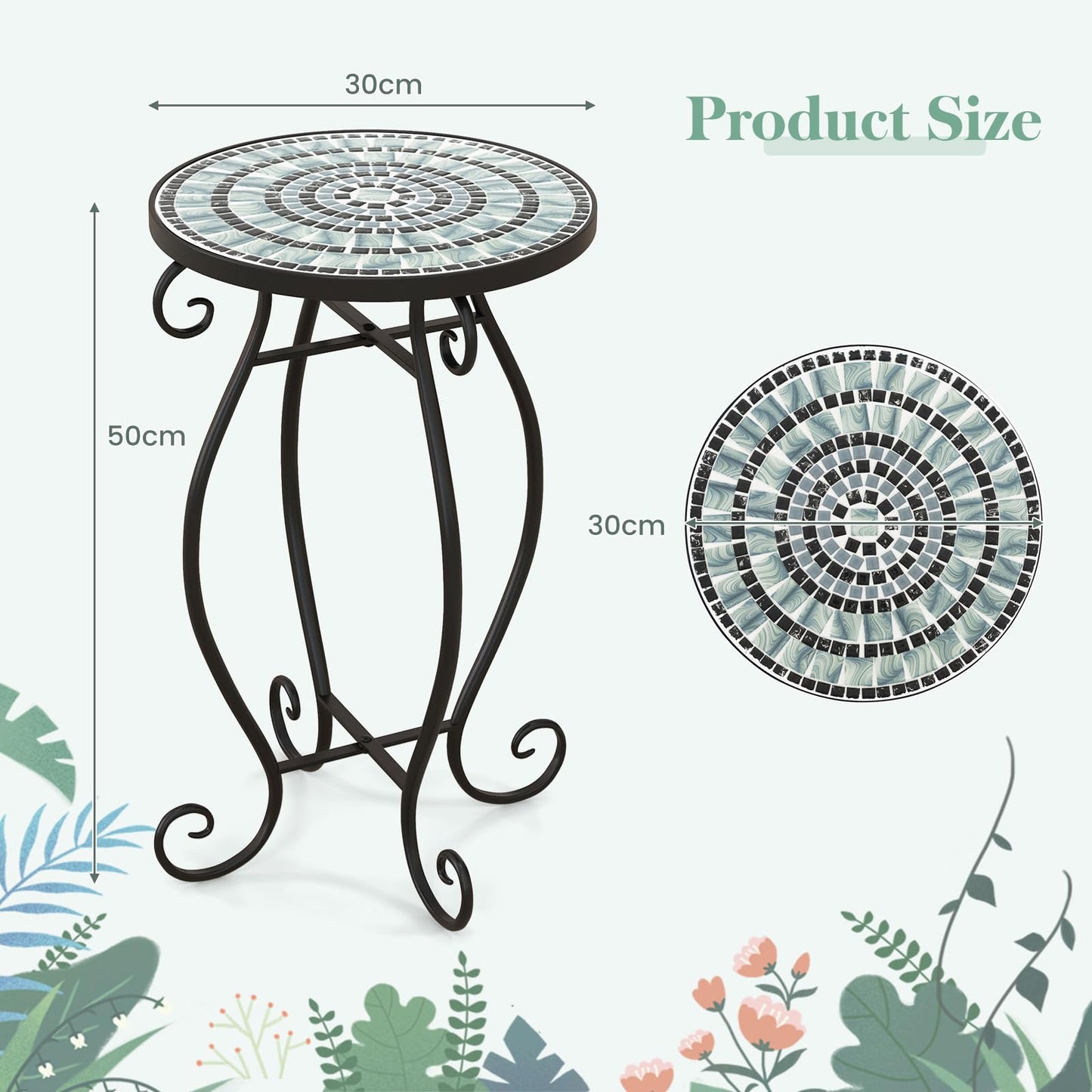 HOMASIS garden table side table with mosaic pattern, plant stand with round tabletop made of metal & tiles, balcony table for garden, balcony & living room (black+grey)