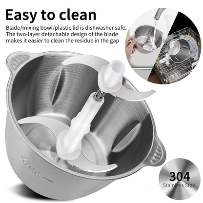 600W 2L stainless steel bowl food processor with 2 speed settings. Electric kitchen chopper with 4 blades for vegetables and garlic.