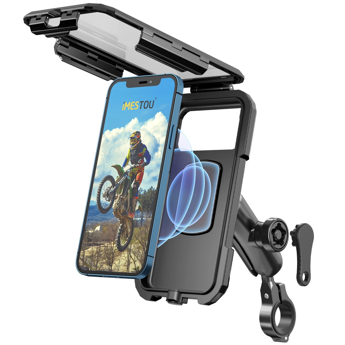 iMESTOU waterproof motorcycle phone holder IP67 with wireless Qi/USB C 3.0 charger Anti-theft handlebar mount phone holders Double socket arm aluminum base for 3.5-6.1 inch smartphones