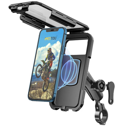 iMESTOU waterproof motorcycle phone holder IP67 with wireless Qi/USB C 3.0 charger Anti-theft handlebar mount phone holders Double socket arm aluminum base for 3.5-6.1 inch smartphones
