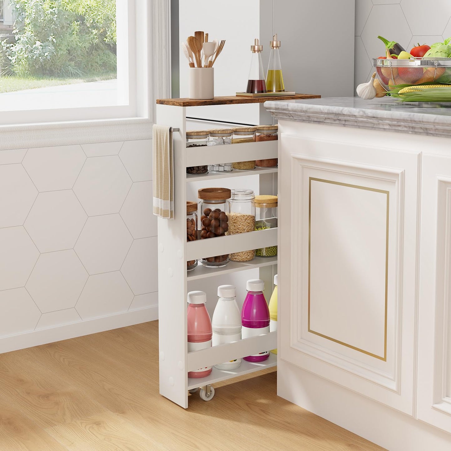 GIANTEX 13cm wide niche shelf, kitchen shelf kitchen cabinet kitchen trolley, niche cabinet niche trolley on wheels, bathroom shelf rolling cart wood 4 tiers, slim shelf for kitchen, 47.5 x 13 x 80.5 cm