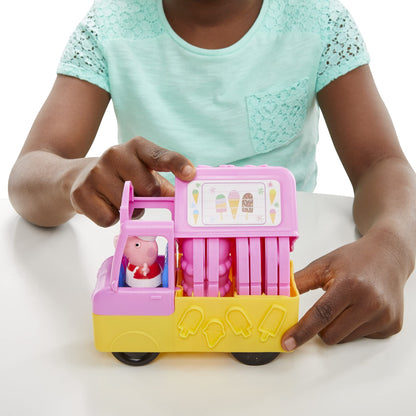 Play-Doh Peppa's Ice Cream Truck Craft Set includes 3 x 56g cans and 2 x 28g cans of modeling compound, Peppa and George figures, and various accessories and molds. Creative fun for kids ages 3 and up.