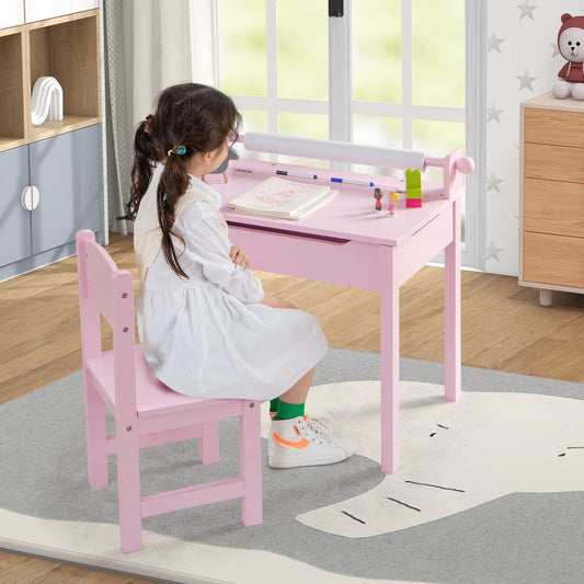 DREAMADE Kids Desk with Chair, Wooden Student Desk, Youth Desk, Children's Table, Kids Desk with Paper Roll Holder & Storage Space, Paper Roll and Markers Included (Pink)