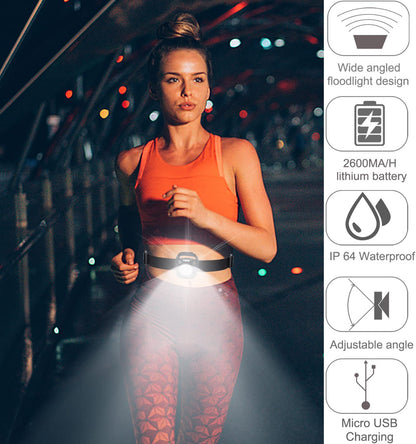 Suptig chest light, waist light, running belt light for camping, hiking, running, jogging, walking, outdoor adventures IP64 waterproof built-in 2600mAh rechargeable lithium battery (black)