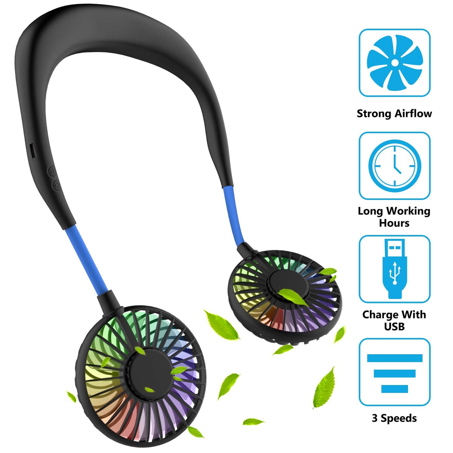 Ultra-light neck fan, USB neck fan, neck fan, quiet, 3 speeds, LED light, portable neck fan for outdoor, indoor, camping, travel, sports - black & blue.