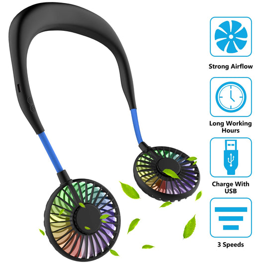 Ultra-light neck fan, USB neck fan, neck fan, quiet, 3 speeds, LED light, portable neck fan for outdoor, indoor, camping, travel, sports - black & blue.