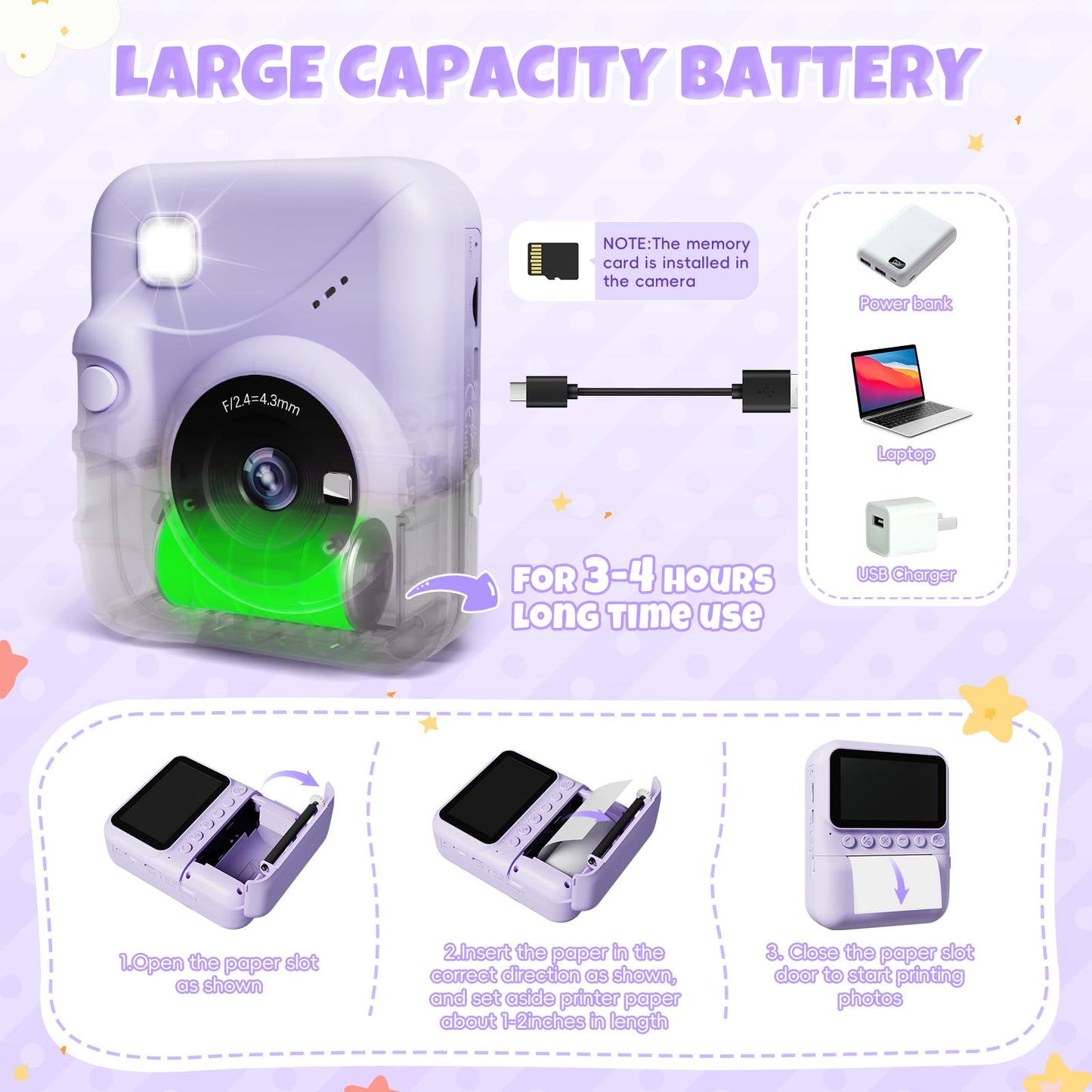 CalineGam instant camera for kids, 3.0 inch screen 48MP kids camera instant camera with 32 GB card, 1080P HD camera kids instant print, gift for 3-12 boys and girls.