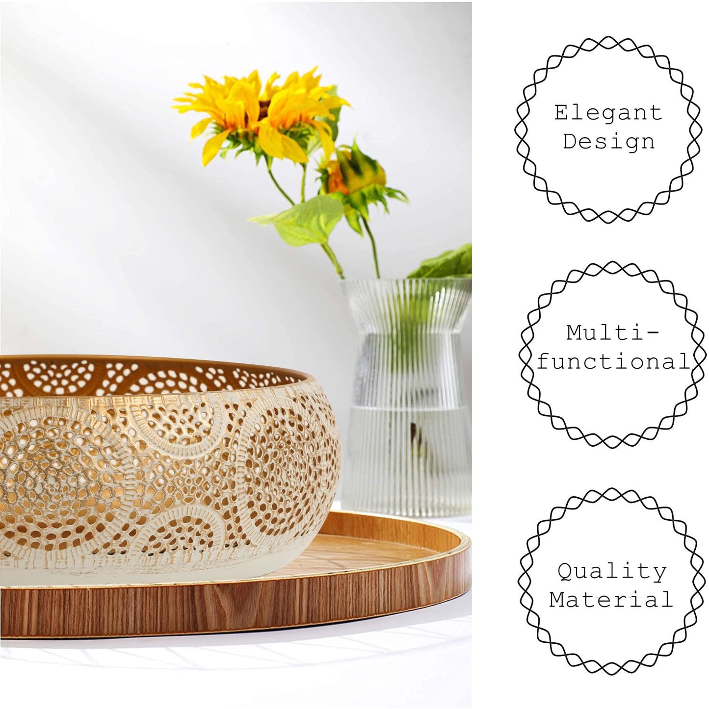 JAZUIHA Golden Decorative Bowl Set - 2 pieces with 18 cm & 30 cm diameter | Modern fruit bowls for fruit, snacks, candles or decor items