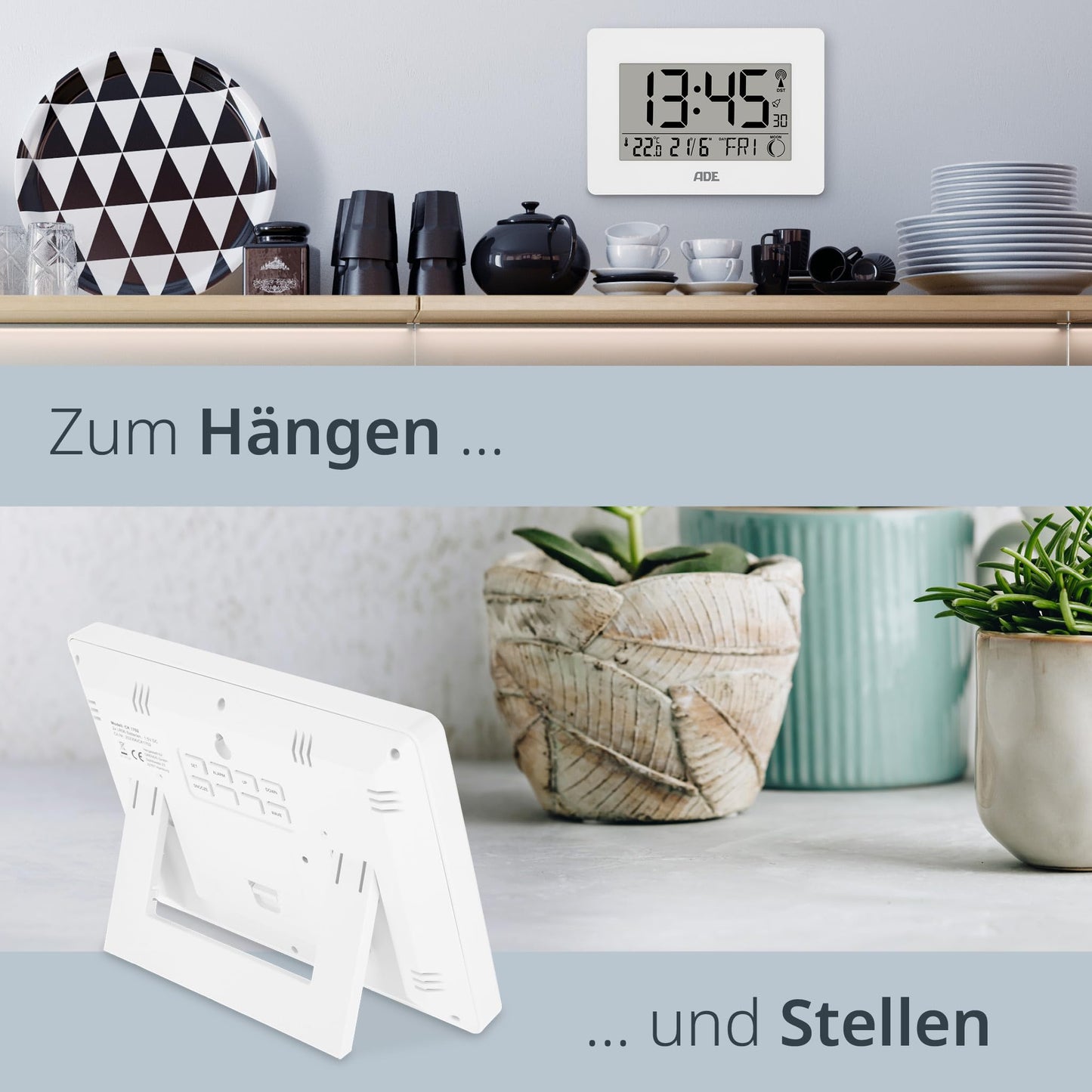 ADE Large digital radio clock with XXL digits | Table clock with calendar and day of the week | Digital clock with temperature display | Digital radio alarm clock with battery | white