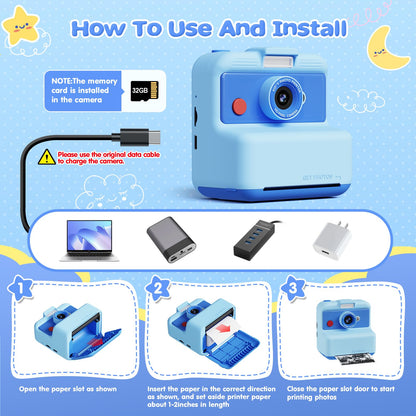 CAMCLID instant camera for kids, 3.0 inch screen children's camera instant camera, 48MP/2.5K UHD children's camera instant print with 32GB card, toy gift for boys and girls 3-12 years old (blue)