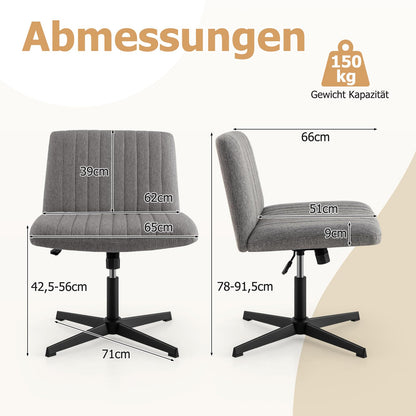 COSTWAY Tailor's Seat Chair, Swivel Chair without Armrests, Desk Chair with Wide Seat, Office Chair with Cross Base, Height Adjustable, Tilt Function, Modern (Gray)