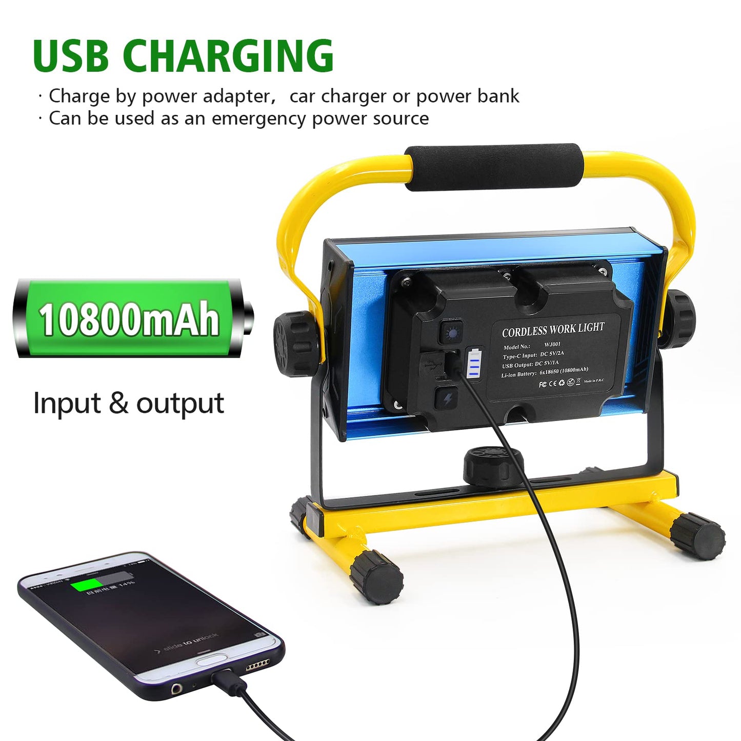 SYLSTAR LED construction spotlight with battery, 80W 7000 lumens LED spotlight with battery work light with 6 modes, portable work spotlight for workshop construction site garage camping outdoor lighting