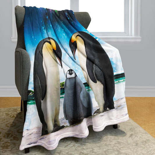 YISUMEI soft fleece blanket with penguin design, perfect for sofa or bed, 135x200cm. Sky Blue color.