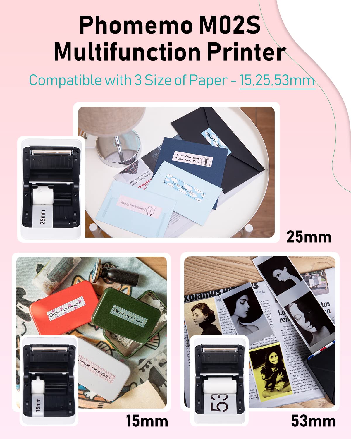 Phomemo M02S pocket printer, 300 DPI mini printer for smartphone thermal printer with 6 paper rolls, compatible with 15, 25, 53 mm paper, perfect for studying, scrapbooking, photos, gifts (White)