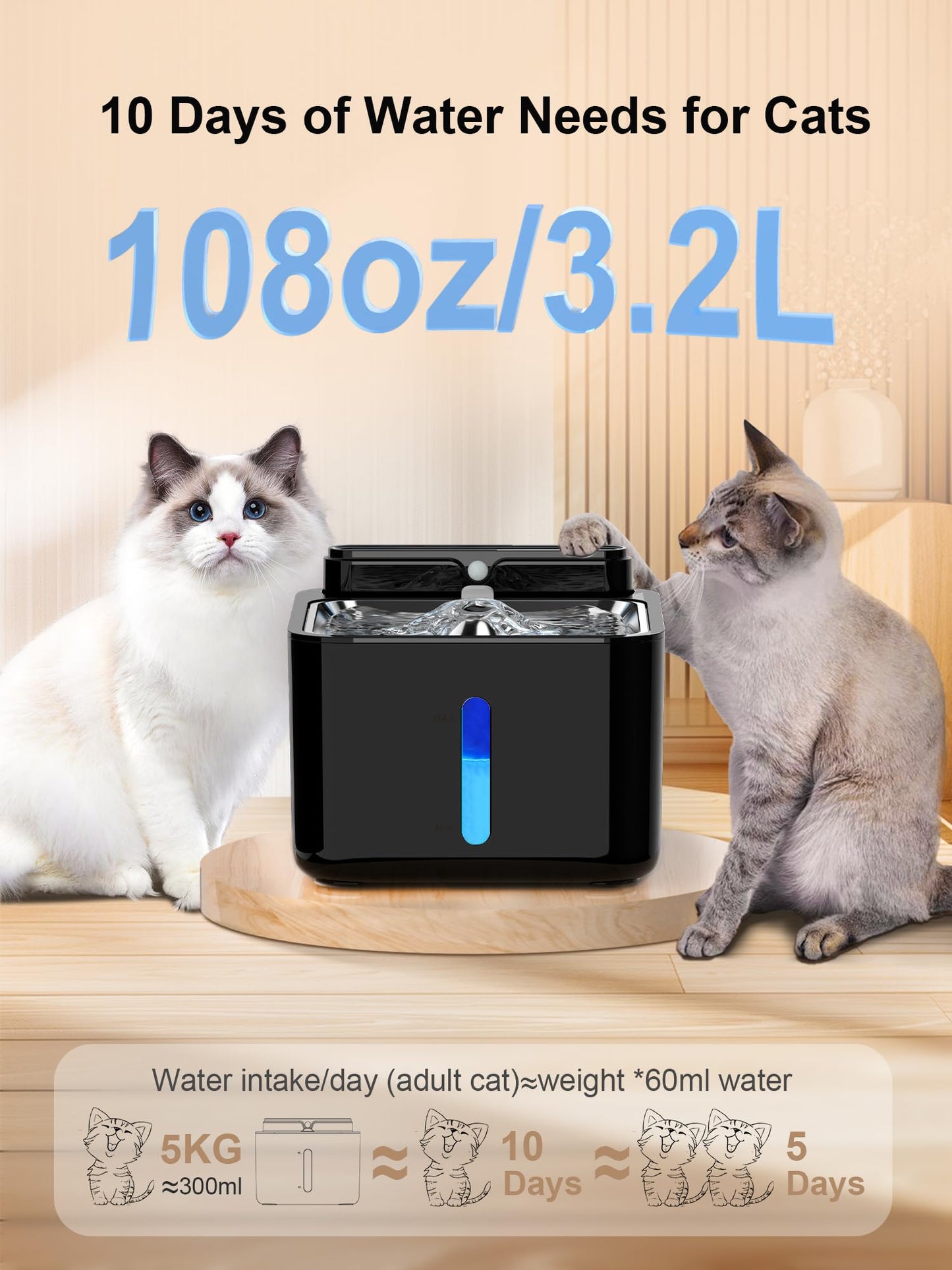 PLOOHT Cat Drinking Fountain Wireless, Cat Fountain with Motion Sensor, Cat Fountain Battery Operated 3.2L, Built-in 4000mAh Rechargeable Battery, with Quiet Pump and Filter, Black