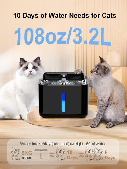 PLOOHT Cat Drinking Fountain Wireless, Cat Fountain with Motion Sensor, Cat Fountain Battery Operated 3.2L, Built-in 4000mAh Rechargeable Battery, with Quiet Pump and Filter, Black