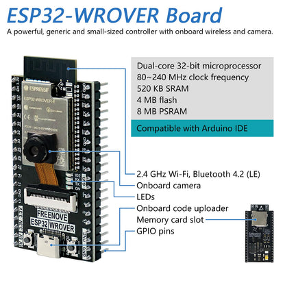 Freenove's ESP32 CAM Ultimate Starter Kit includes a dual-core 32-bit 240 MHz microcontroller, onboard wireless camera, Python C Java support, 795-page detailed tutorial, 240 items, and 122 projects.