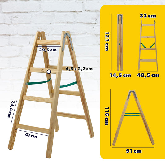 KADAX Wooden Step Ladder, Folding Painter's Ladder with Steel Hooks, Electrician's Ladder, Household Ladder (4 Steps) - Supports up to 150 kg.
