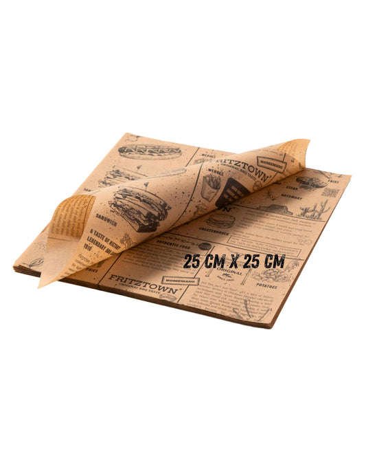 FRITZTOWN Deli Paper | Uncoated wrapping paper for burgers, sandwiches & BBQ | Grease-resistant food paper | Perfect for street food & delicacies (25x25 cm, 1000 sheets)