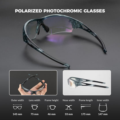 ROCKBROS self-tinting sunglasses for men and women. Photochromatic lenses for UV400 protection. TR90 frame for sports like cycling and fishing.