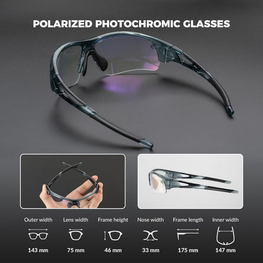 ROCKBROS self-tinting sunglasses for men and women. Photochromatic lenses for UV400 protection. TR90 frame for sports like cycling and fishing.