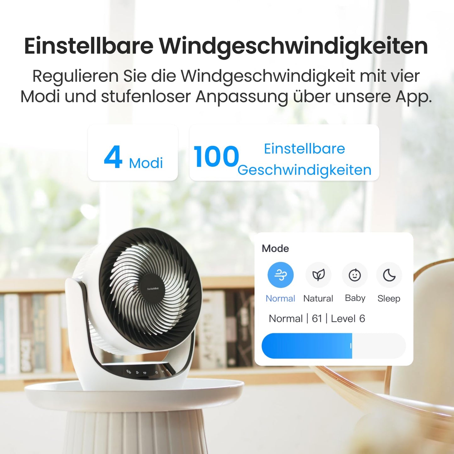 SwitchBot USB desk fan, powerful 24 dB quiet battery-operated circulation fan, Compatible with Alexa/Google/Siri (Hub required), 4 modes, 9-hr timer, energy-efficient circulation fan.