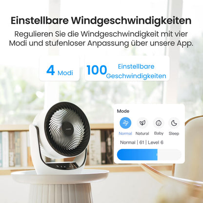 SwitchBot USB desk fan, powerful 24 dB quiet battery-operated circulation fan, Compatible with Alexa/Google/Siri (Hub required), 4 modes, 9-hr timer, energy-efficient circulation fan.