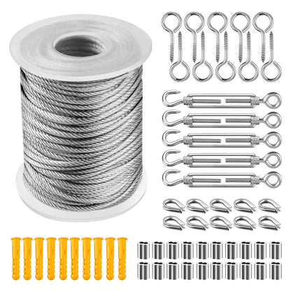 304 stainless steel wire rope set, wire rope suspension, tensioner with wire rope PVC coated, outdoor lights hanging, clothesline, stair railing, trellises and climbing aids (50m)