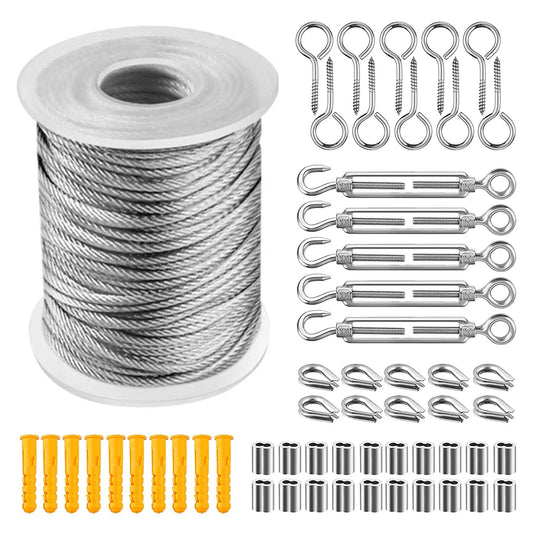 304 stainless steel wire rope set, wire rope suspension, tensioner with wire rope PVC coated, outdoor lights hanging, clothesline, stair railing, trellises and climbing aids (50m)