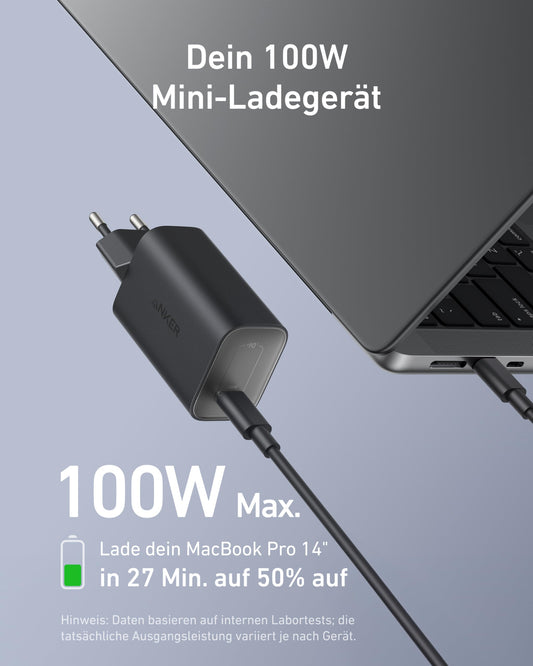 Anchor Nano Charger, 100W MacBook Charger, Power Adapter for MacBook, iPad, iPhone 16, Galaxy, and all USB-C devices, 1.8m USB-C cable included.
