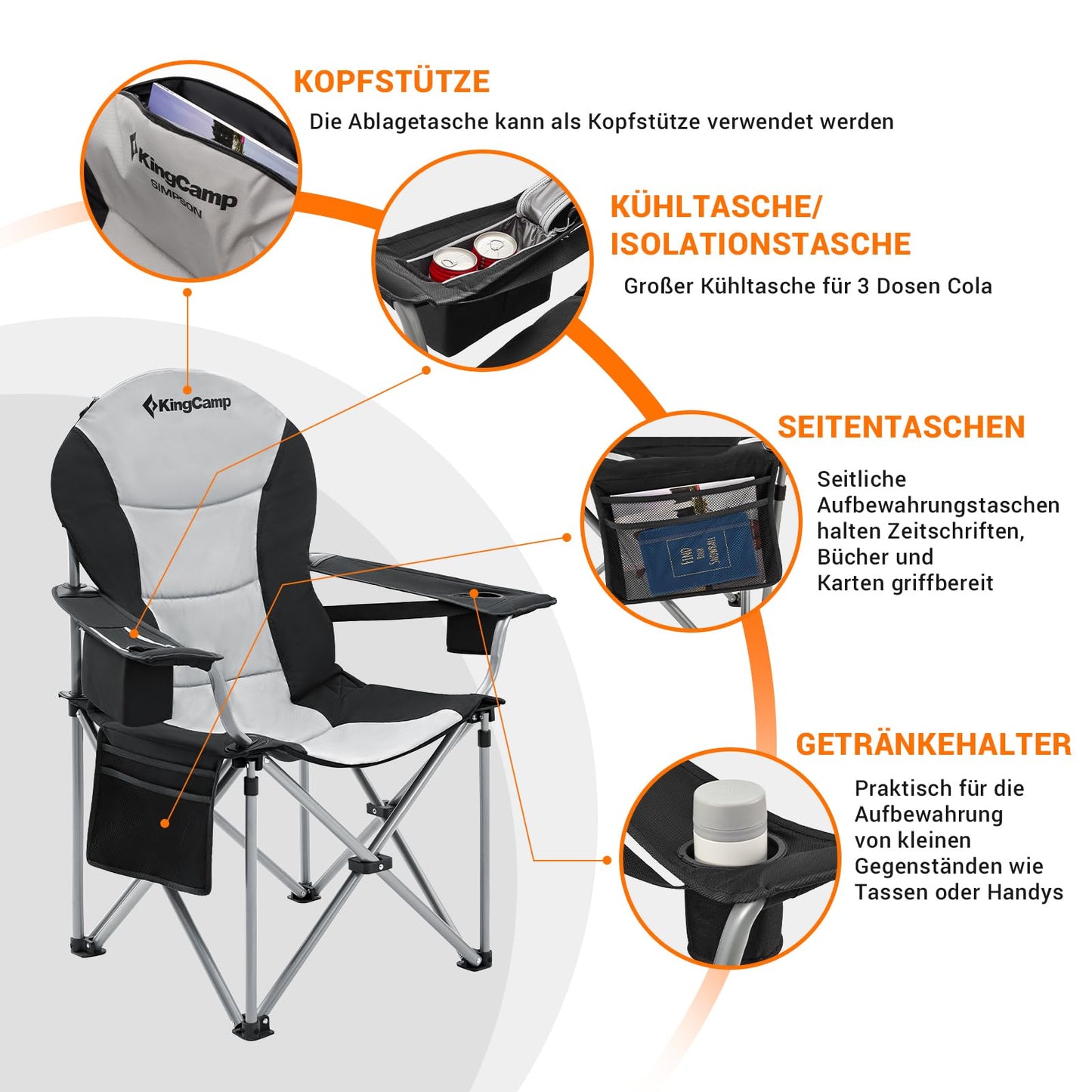KingCamp camping chair foldable up to 160 kg, Oversized camping chair with adjustable backrest, Folding camping chair with high backrest & cooler & drink holder, Black