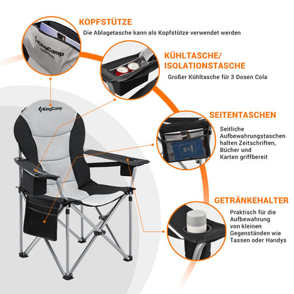 KingCamp camping chair foldable up to 160 kg, Oversized camping chair with adjustable backrest, Folding camping chair with high backrest & cooler & drink holder, Black