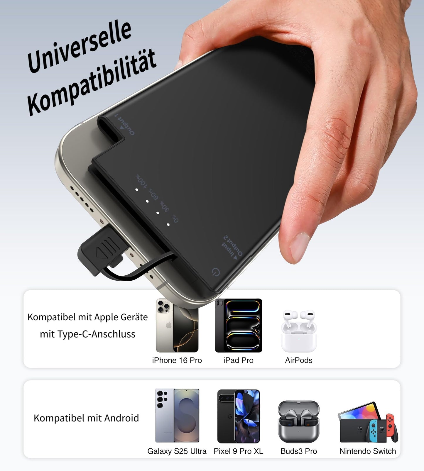 Auskang Powerbank USB C with Cable 0.68cm Ultra Slim Portable Charger Ultra-thin and lightweight External Battery, Compatible with iPhone, Samsung, Xiaomi, etc.- Black