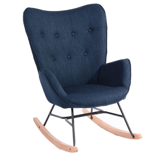 Cosy armchair rocking chair with armrests and padded seat for living room, bedroom, balcony. Supports up to 120 kg. Dark blue fabric and wooden rockers.