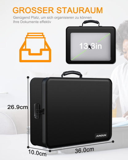 JUNDUN Document Box, fireproof document bag with lock, document storage box with 7 compartments, folder, portable briefcase for important documents, files (black)