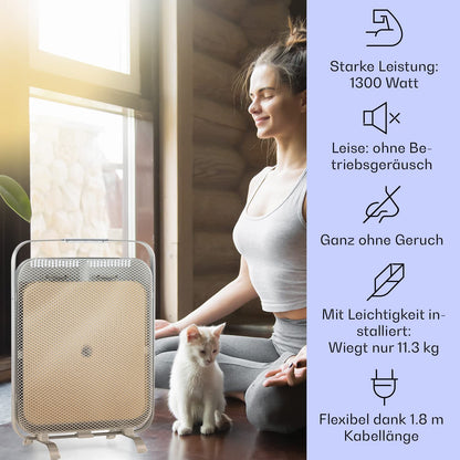 KLARSTEIN HeatPal - Electric heater, extra slim design, infrared heating, heating panel, 1300 W, up to 30 m², heat retention, marble plate - brushed aluminum