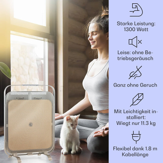 KLARSTEIN HeatPal - Electric heater, extra slim design, infrared heating, heating panel, 1300 W, up to 30 m², heat retention, marble plate - brushed aluminum