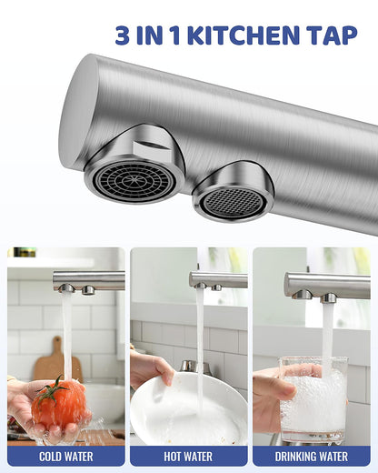 APPASO 3 Way Water Faucet, Kitchen Faucet 3 Way, 3 in 1 Kitchen Mixer Tap for Water Filter, Three Way Tap, Drinking Water Faucet with 2 handles, Stainless Steel Brushed Kitchen Sink Faucet.